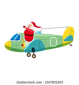 Santa Flying cargo airplane retro vintage. Vector isolated cartoon style