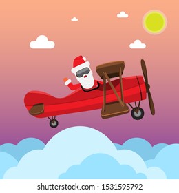 Santa Flying With cartoon style old vintage Plane. Vector illustration.