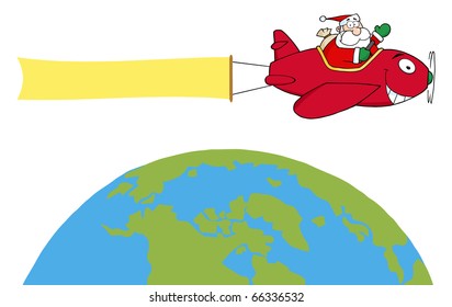 Santa Flying With Christmas Plane And A Blank Banner Attached Above The Globe