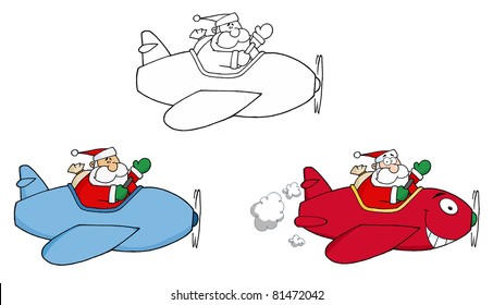 Santa Flying With Christmas Plane .Vector Collection