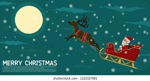 Santa  is flying  with his reindeer among  falling snow