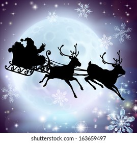 Santa flying in his sleigh with reindeer in front of a full moon in silhouette