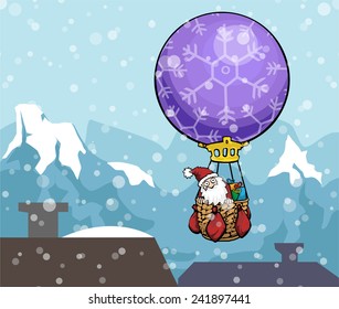 Santa flying in a hot air balloon, shaped as a Christmas decoration, vector illustration