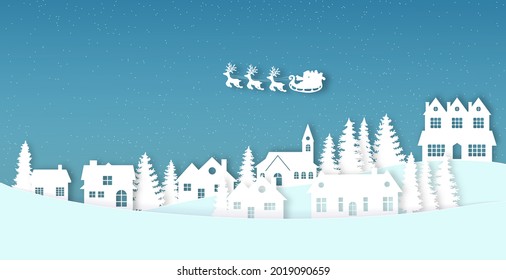 Santa Flying in the night on christmas. Winter lanscape with house, snow and tree. Paper cut vector design. The house in winter is covered with snow. Vector EPS 10.