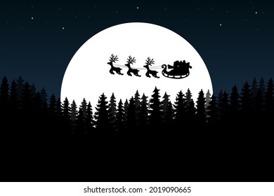 Santa Flying in the night on christmas. Winter lanscape with house, snow and tree. Paper cut vector design. The house in winter is covered with snow. Vector EPS 10.