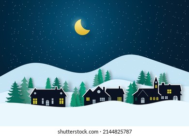 Santa Flying in the night on christmas. Winter lanscape with house, snow and tree. Paper cut vector design. The house in winter is covered with snow. Vector EPS 10.