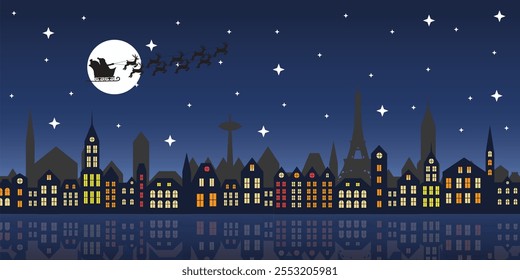 santa flying on his sleigh over a big city, full moon and stars in the sky