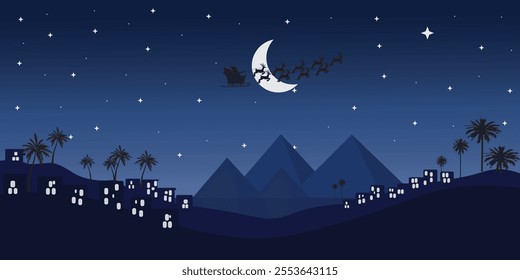 santa flying on the sleigh on Christmas eve over pyramids, dark blue sky with crescent moon and stars