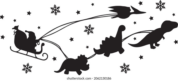 Santa flying on a sleigh with dinosaur. Dinosaur Sleigh Ride Vector Illustration on White Background. Merry Christmas. Happy New Year. Vector illustration for holiday cards.
