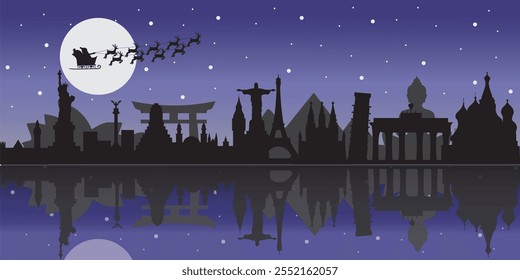 Santa is flying on a sleigh in the night sky of Chris eve with a full moon, the sleigh is pulled by deers. the landscape shows some of the famous world's landmark presenting unity and diversity