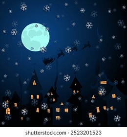 Santa is flying on a sleigh over the night city in a snowfall. the sleigh is pulled by deer. The night city lights up windows and emits smoke from chimneys. there are snowflakes in the sky and a huge