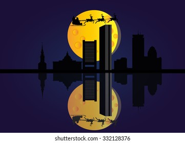 santa flying over the city of boston