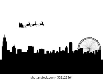 santa flying over the city of chicago