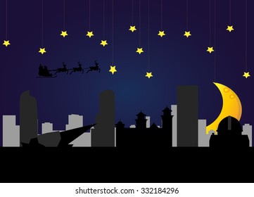 santa flying over the city of denver