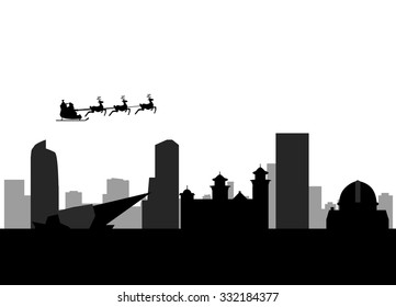 santa flying over the city of denver