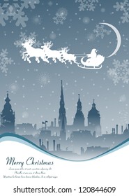 Santa flying over the city postcard eps10