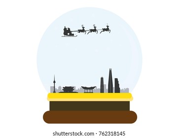 santa flying over seoul city