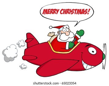 Santa Flying With Red Christmas Plane With Speech Bubble