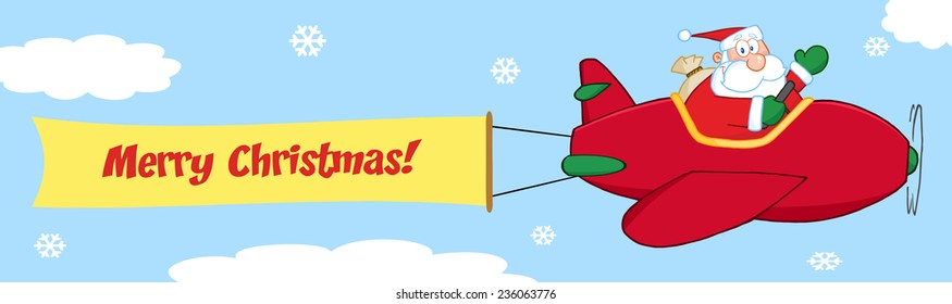 Santa Flying In The Sky With Christmas Plane And A Blank Banner Attached With Text. Vector Illustration 