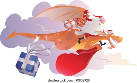 Santa flying in the sky on orange dragon and distributes Christmas gifts from red bag.