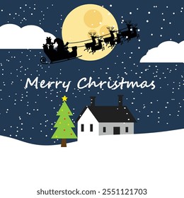 Santa flying in sledge with reindeers in night sky over village houses merry Christmas banner winter holidays concept greeting card vertical