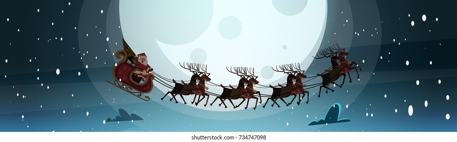 Santa Flying In Sledge With Reindeers In Night Sky Over Moon, Merry Christmas And Happy New Year Banner Winter Holidays Concept Flat Vector Illustration
