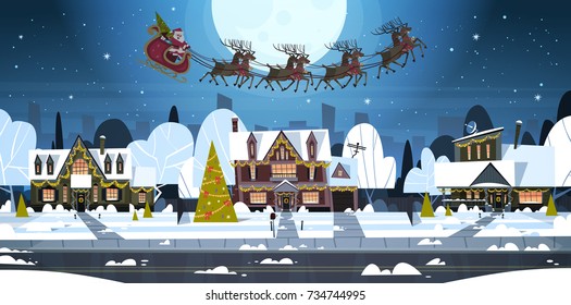 Santa Flying In Sledge With Reindeers In Sky Over Village Houses, Merry Christmas And Happy New Year Banner Winter Holidays Concept Flat Vector Illustration