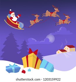 Santa flying in sleigh with bag full of gifts and reindeer. Night sky with spruce silhouette. Christmas and new year celebration. Gift box in snow on the front. Flat vector illustration