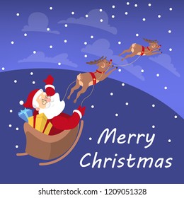 Santa flying in sleigh with bag full of gifts and reindeer. Night sky on background. Christmas and new year celebration. Flat vector illustration