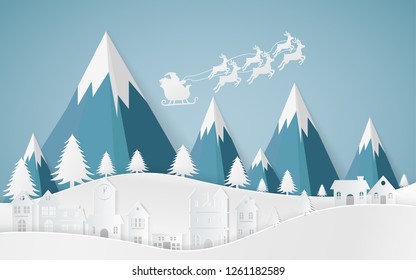 Santa flying in a sleigh with reindeer. The flat vector winter scene design of mountains
