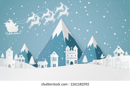 Santa flying in a sleigh with reindeer. The flat vector winter scene design of mountains