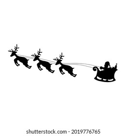 Santa Flying In A Sleigh With Reindeer. Happy New Year Decoration. Merry Christmas Holiday.  Black Silhouette. Christmas. Vector EPS 10.