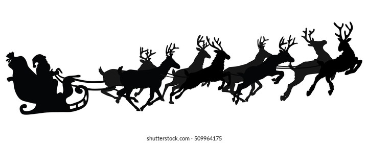 Santa flying in a sleigh with reindeer. Vector illustration. Isolated object. Black silhouette. Christmas. New Year.