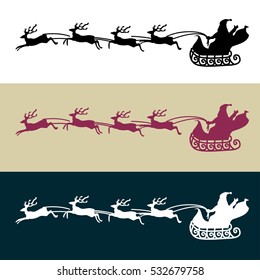 Santa flying in a sleigh with reindeer. Vector illustration. Isolated object. Silhouette. Christmas. New Year.