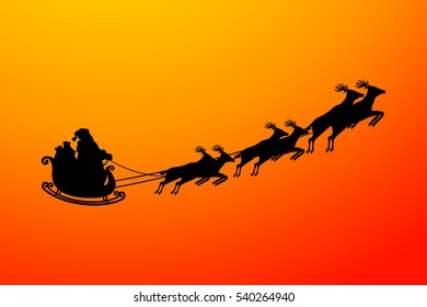 Santa flying in a sleigh with reindeer. Vector illustration. Isolated object. Black silhouette. Christmas. New Year.