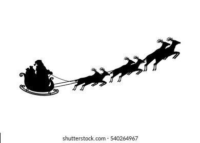 Santa flying in a sleigh with reindeer. Vector illustration. Isolated object. Black silhouette. Christmas. New Year.