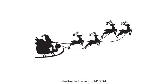 Santa flying in sleigh and reindeer  Vector illustration  Isolated object  Black silhouette  Christmas  New Year 