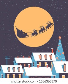 santa flying in sleigh with reindeers in night sky over snowy village houses merry christmas happy new year winter holidays concept greeting card flat vector illustration