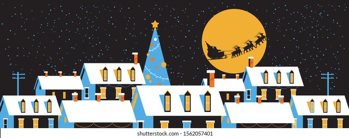 santa flying in sleigh with reindeers in night sky over snowy village houses merry christmas happy new year winter holidays concept greeting card flat horizontal vector illustration