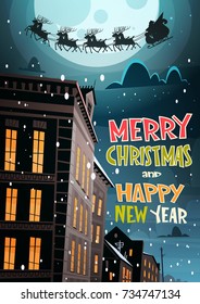 Santa Flying In Sleigh With Reindeers In Night Sky Over City, Merry Christmas And Happy New Year Greeting Card Winter Holidays Concept Banner Flat Vector Illustration