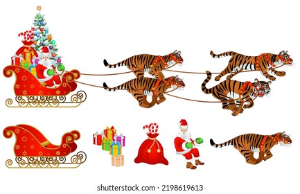 Santa flying in a sleigh with tigers instead of reindeer. Color vector illustration isolated on white background. Christmas. Symbol of the new year 2022