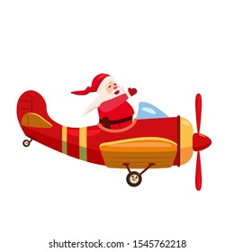 Santa Flying speed airplane retro vintage. Vector isolated cartoon style