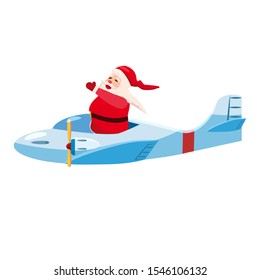Santa Flying speed airplane retro vintage. Vector isolated cartoon style