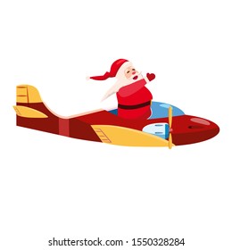 Santa Flying speed airplane retro vintage. Vector isolated cartoon style