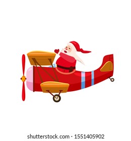 Santa Flying speed airplane retro vintage. Vector isolated cartoon style