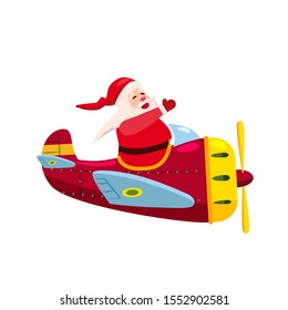 Santa Flying speed airplane retro vintage. Vector isolated cartoon style