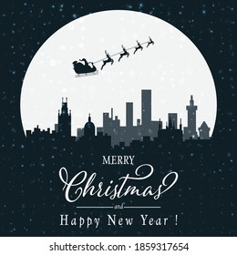 Santa is flying through the night sky under the Christmas old city. Santa sleigh driving over the line drawing woods near the big moon in the night. Vector Illustration. Eps 10.