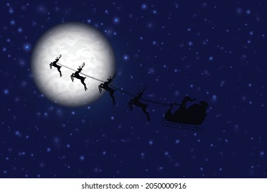 Santa is flying through the night sky under the Christmas forest. Santa sleigh driving over line drawing woods near the big moon in the night. Eps 10.