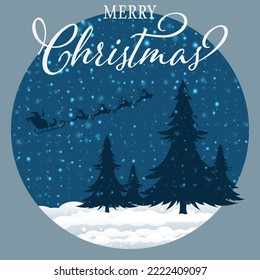 Santa is flying through the night sky under the Christmas forest. Santa sleigh driving over the big Christmas ball in the night. Eps 10. Christmas Background or Banner.