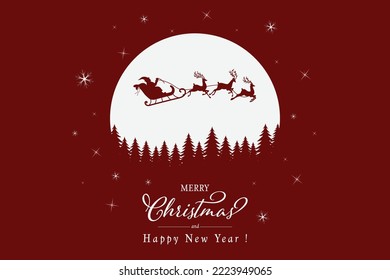 Santa is flying through the night sky under the Christmas forest. Santa sleigh driving over the big christmas ball in the night. Eps 10. Christmas Background or Banner.